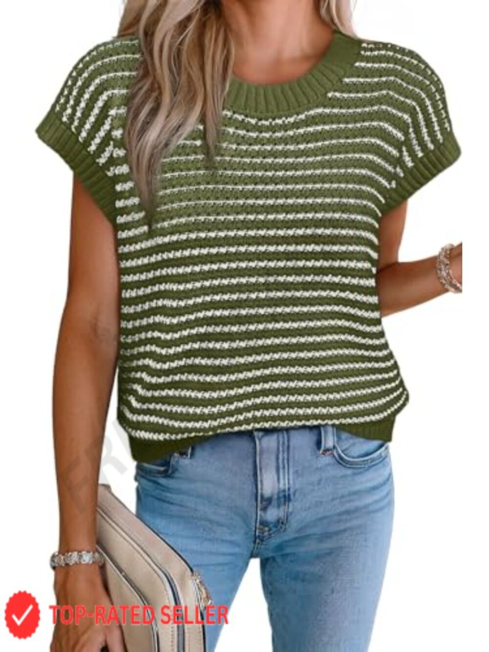 Cap Sleeve Striped Sweater Vest Round Neck Tank Top